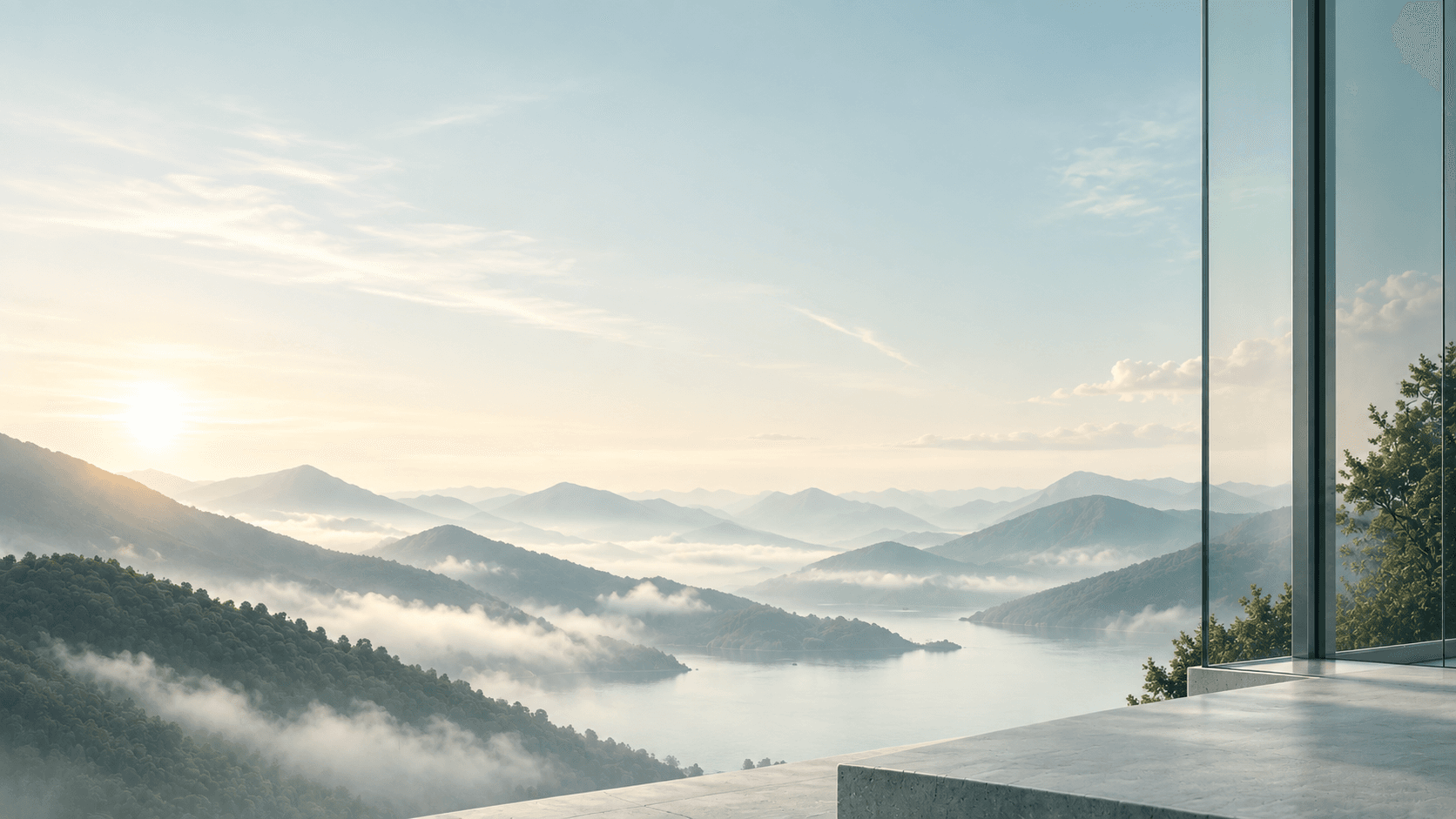 Sunrise over a mountain lake viewed from a quiet workspace